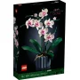LEGO 10311 Orchideen-Box mit weißen Blüten, rosa Zentren, grünen Stielen und gestreiftem Topf auf schwarzem Grund