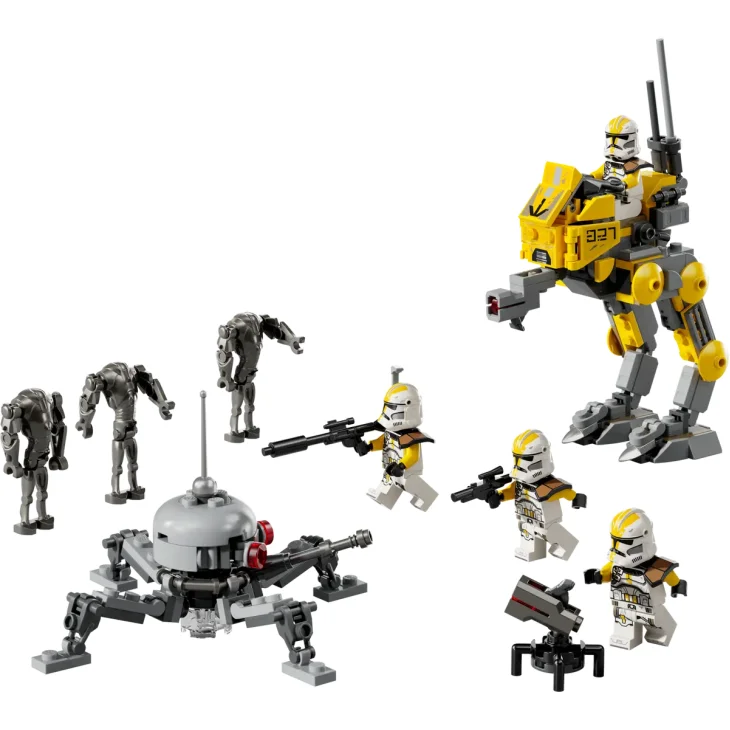 Vue d'ensemble du set LEGO avec un marcheur AT-RT jaune, 4 figurines de Clone Troopers, 3 droïdes de combat et un canon spider droïde