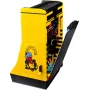 Borne d'arcade LEGO jaune et noire ouverte montrant l'écran de jeu PAC-MAN et les mécanismes internes avec figurines