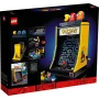 Boîte LEGO montrant une borne d'arcade PAC-MAN jaune avec écran de jeu, figurines colorées sur le dessus et joueur miniature