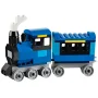 Train LEGO bleu et noir avec locomotive à cheminée blanche et wagon de passagers aux fenêtres noires Train LEGO bleu et noir avec locomotive à cheminée blanche et wagon de passagers aux fenêtres noires