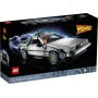 Boîte LEGO montrant la DeLorean gris métallisé avec portes papillon ouvertes et effets d'éclairs bleus en arrière-plan