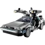 DeLorean LEGO grise avec portes papillon ouvertes, tableau de bord détaillé visible, sur fond blanc