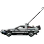 DeLorean LEGO grise en vue de profil avec portes papillon ouvertes et antenne temporelle dressée