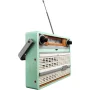 Radio rétro LEGO vert menthe avec antenne télescopique, boutons de réglage noirs et grille haut-parleur beige sur fond blanc Radio rétro LEGO vert menthe avec antenne télescopique, boutons de réglage noirs et grille haut-parleur beige sur fond blanc