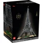 Boîte LEGO noire avec la tour Eiffel assemblée en briques grises, base verte, sur fond noir élégant