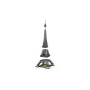 Tour Eiffel LEGO complète en briques grises sur fond blanc, montrant la structure emblématique avec ses trois étages et son sommet