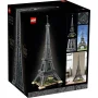 Boîte LEGO de la tour Eiffel sur fond noir avec photos du modèle assemblé et en situation d'exposition