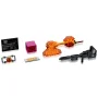 Vue d'ensemble des éléments LEGO Optimus Prime : pièces détachées incluant flammes orange translucides, armes grises et accessoires Vue d'ensemble des éléments LEGO Optimus Prime : pièces détachées incluant flammes orange translucides, armes grises et accessoires