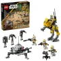 Set LEGO Star Wars avec mech jaune, véhicule gris, 5 figurines de soldats clones et droïdes de combat sur fond blanc Set LEGO Star Wars avec mech jaune, véhicule gris, 5 figurines de soldats clones et droïdes de combat sur fond blanc