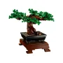 LEGO Bonsai tree with dense green foliage, sculpted brown trunk and black rectangular pot on brown wooden stand LEGO Bonsai tree with dense green foliage, sculpted brown trunk and black rectangular pot on brown wooden stand