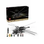 Overview of LEGO Dune Atreides Royal Ornithopter set showing black box, assembled gray ornithopter with extended wings and 8 minifigures