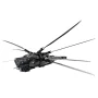 Dark grey LEGO Dune Ornithopter with four extended wings spread out against white background, side view