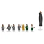 Eight LEGO Dune minifigures lined up: Atreides soldiers in grey armor, Paul in yellow, Gurney in green, and floating Baron Harkonnen