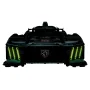 Front view of black LEGO Peugeot 9X8 race car with bright green details and Peugeot lion logo