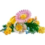 LEGO flower bouquet with pink daisy, yellow sunflower, white roses and green foliage on white background