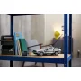 Silver LEGO DeLorean with open gull-wing doors displayed on blue shelf with books and accessories in background Silver LEGO DeLorean with open gull-wing doors displayed on blue shelf with books and accessories in background