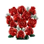 LEGO bouquet of red roses with green leaves and small white flowers on white background