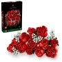 LEGO red rose bouquet with small white flowers and green foliage, displayed alongside its black box