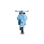 Front view of light blue LEGO Vespa 125 scooter with round headlight, chrome handlebars and front wheel