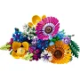 Colorful LEGO flower bouquet with orange and pink daisies, yellow poppy, blue and purple flowers, green foliage on white background Colorful LEGO flower bouquet with orange and pink daisies, yellow poppy, blue and purple flowers, green foliage on white background