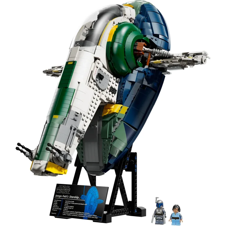 Astronave LEGO Firespray grigia e verde su supporto espositivo con due minifigure Jango Fett e targa descrittiva